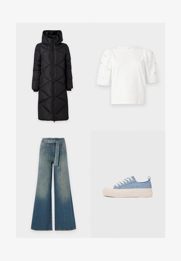 Svart polstret lang frakk med hette, med diagonale sømmer, to sidelommer med glidelås og ribbestrikkede mansjetter. Glatt, vannavstøtende stoff.; Hvit bomull T-skjorte med korte pufferm, med små sølvdekorasjoner langs ermene. Klassisk rund hals, avslappet passform.; Bredde ben jeans med en lyseblå til mørkeblå gradient, høyt liv, beltehemper og et matchende belte i samme stoff. Teksturert denimoverflate.; Lys blå canvastøfler med en kremfarget gummitupp og yttersåle, med hvite snørebånd og en løfteløkke på hælen.