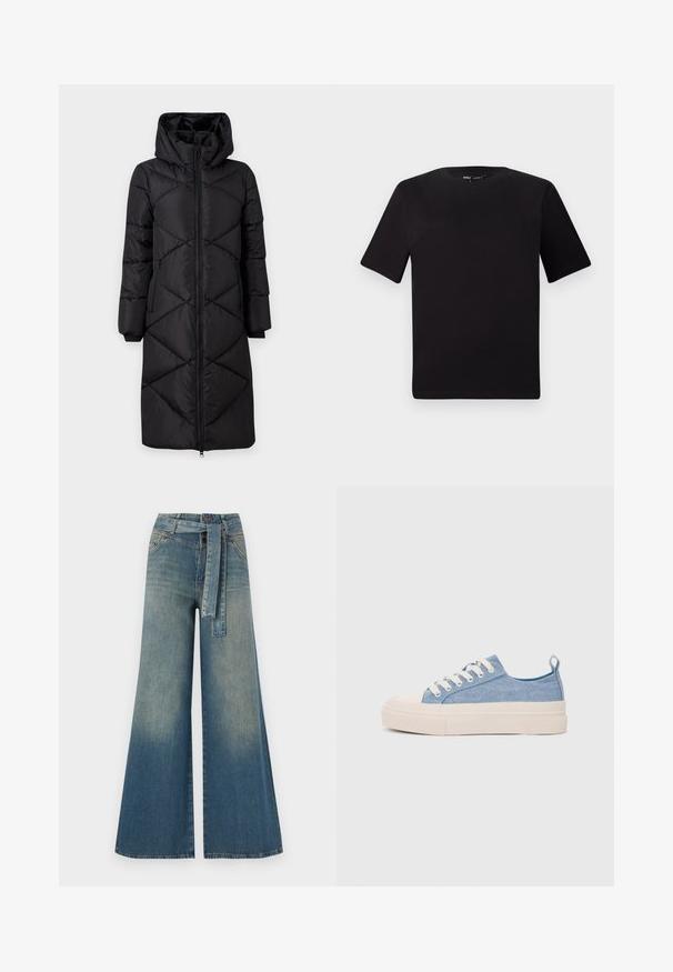 Svart polstret lang frakk med hette, med diagonale sømmer, to sidelommer med glidelås og ribbestrikkede mansjetter. Glatt, vannavstøtende stoff.; Svart t-skjorte med korte ermer og rund hals, laget av mykt bomullsstoff. Enkelt design, ingen synlige logoer eller mønstre.; Bredde ben jeans med en lyseblå til mørkeblå gradient, høyt liv, beltehemper og et matchende belte i samme stoff. Teksturert denimoverflate.; Lys blå canvastøfler med en kremfarget gummitupp og yttersåle, med hvite snørebånd og en løfteløkke på hælen.