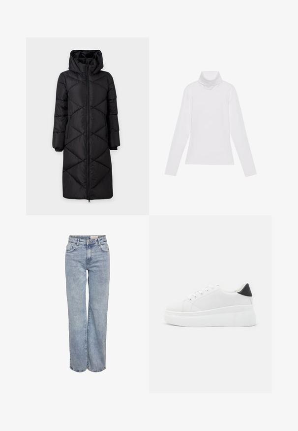 Fekete párnázott, hosszú kabát kapucnival, ferde varrással, két oldalsó cipzáras zsebbel és bordás mandzsettával. Sima, vízálló anyag.; Fehér, hosszú ujjú, garbónyakú felső sima, rugalmas anyagból készült. Magas nyakkal és testhezálló fazonnal rendelkezik, látható minták vagy díszítések nélkül.; Világoskék, bő szárú farmernadrág, magas derékkal, öt zsebes kialakítással és finom kopással, amely megadja a viselt megjelenést.; Fehér platform sportcipők sima szintetikus anyagból, lekerekített orral, fűzős kialakítással és texturált gumitalppal. Fekete sarokdísz.