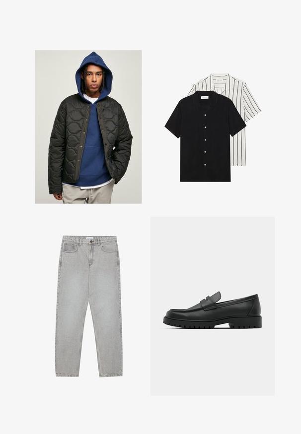 Mustapinta tikattu takki kiiltävällä pinnalla ja napsautettavilla nappilukoilla, päälläsininen huppari. Mallilla on letitetyt hiukset.; Kaksi lyhythihaista puseroa: yksi yhtenäinen musta, toinen valkoinen mustilla pystyraitoilla. Molemmissa on napitus ja klassinen kaulus.; Vaaleanharmaat farkut, joissa on suora lahje, viisi taskua ja nappisulku. Saumojen varrella näkyvä ompelu.; Musta nahkaloafers, joissa on pyöreä kärki, ommeltu pinta, matala alusta ja kuvioitu, kuminen ulkopohja.