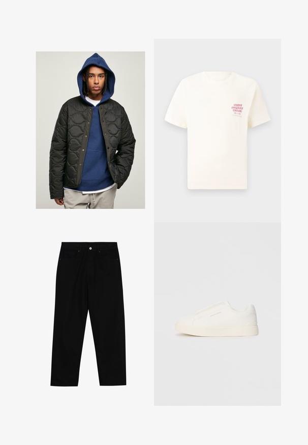 Svart quiltet jakke med glanset finish og trykknapper, båret over en blå hettegenser. Modellen har flettehår.; Hvit T-skjorte med korte ermer og rød tekst "Studio Originals Edition" på venstre bryst, vist på en nøytral grå bakgrunn.; Sorte denimbukser med rett benklipp, fem-lomme design og frontknappåpning. Jevn tekstur med minimale sømdetaljer.; Hvite slip-on joggesko med teksturert overflate, tykk såle og minimalistisk design. Har merkevarelogo på siden.