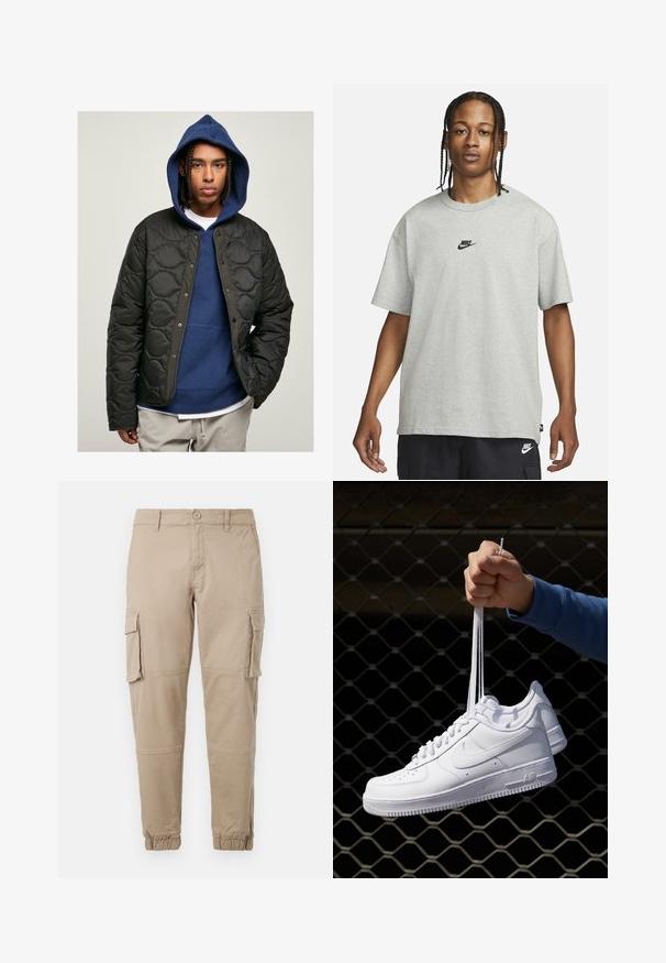 Sort quiltet jakke med blank finish og trykknapper, båret over en blå hættetrøje. Modellen har fletninger.; Ung person med fletninger iført en lys grå Nike T-shirt og sorte Nike shorts mod en ensfarvet hvid baggrund.; Beige cargo bukser i et letvægts bomuldsstof. Har elastiske manchetter, flere sidelommer og en knaplukning.; Hvide lædersneakers med perforeringer, rund tå, flad sål og tykke snørebånd, med et synligt swoosh-logo og "AIR" på hælen.