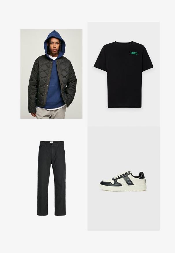 Juodas siuvinėtas švarkas su blizgiu paviršiumi ir spaudėmis, uždėtas ant mėlynos gobtuvinės palaidinės. Modelis turi pintas plaukų.; Juodas medvilninis marškinėliai trumpomis rankovėmis. Priekyje yra žalias „ROOTS“ logotipas, apvalus iškirpimas ir standartinė prigludimo forma.; Juodi kelniai, pagaminti iš tvirto audinio, su tiesiomis kojomis, siuvinėtomis detalėmis ir dviem priekinėmis kišenėmis funkcionalumui.; Odiniai sportbačiai juodos ir kreminės spalvų schemoje, su perforuotais akcentais, paminkštinta apykakle ir tekstūruotu padu.