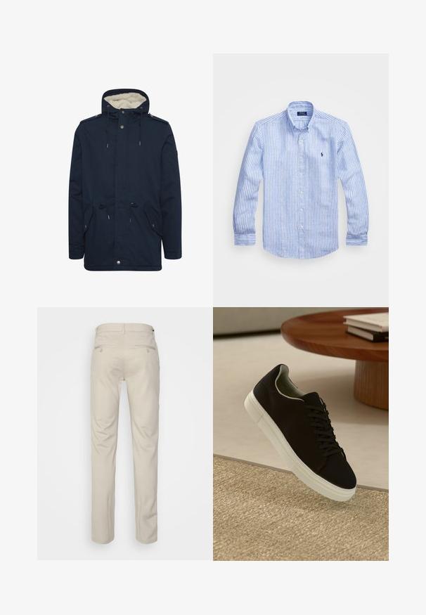 Marineblauwe parka jas met verstelbare trekkoordkap, voorzakken en een zachte binnenvoering. Voorzien van drukknoop- en ritsafsluitingen.; Blauw-wit gestreept overhemd met lange mouwen van katoen, met een button-down kraag, knopen aan de voorkant en een klein geborduurd logo op de borst.; Beige broek met een gladde textuur, rechte snit, twee achterzakken met knopen en een standaard tailleband.; Zwarte sneaker met witte zool die boven een beige gestructureerd tapijt zweeft, nabij een ronde houten tafel met gestapelde boeken.