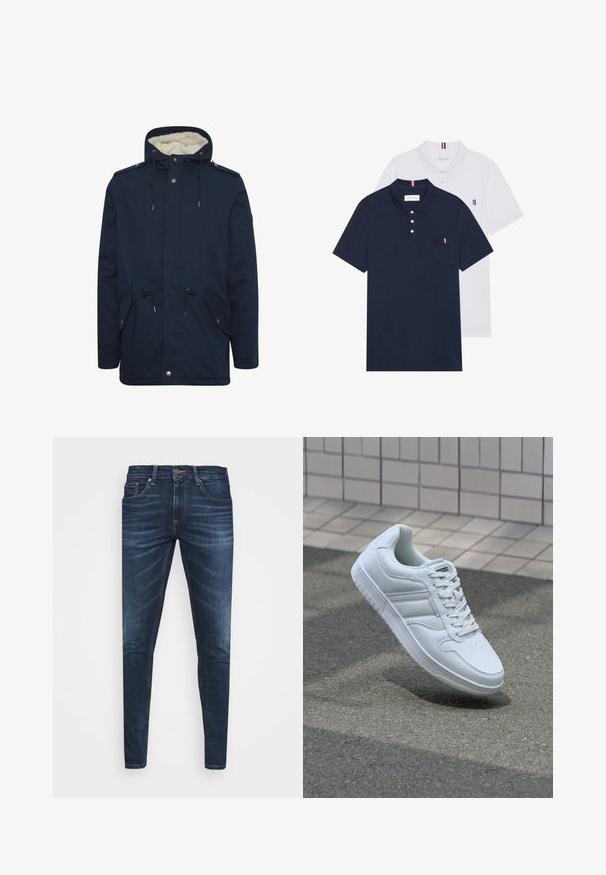 Marineblauwe parka jas met verstelbare trekkoordkap, voorzakken en een zachte binnenvoering. Voorzien van drukknoop- en ritsafsluitingen.; Twee polo shirts: één marineblauw en één wit, beide met een kleine rood, wit en blauwe accent op de borstzak en kraag.; Donkerblauwe denim jeans met een slim fit, subtiele vervaging, vijf zakken en een metalen knoopsluiting. Gestikte accenten in contrasterende kleur.; Witte sportsneaker met een glad leren bovenwerk, vetersluiting aan de voorkant, geperforeerde neus en een geprofileerde zool. Minimalistisch ontwerp met drie zijstrepen.