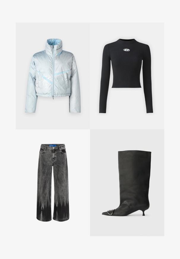 Ljusblå kort puffjacka med hög krage, dragkedja, två framfickor och kontrasterande blå sömmar. Slät textur.; Svart ribbad långärmad topp med en åtsittande silhuett och rundad halsringning. Har en centralt placerad silverdetalj.; Breda jeans i blekt svart denim, med en dip-dye-effekt, stålbeslag och en klassisk femfickorsdesign med standardmidja.; Svart läder ankelstövel med spetsig tå, liten klack och metallisk accentdetalj på tån. Slät, matt yta över hela skon.