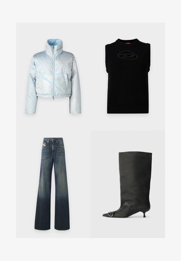 Světlomodrá zkrácená péřová bunda s vysokým límcem, zipovým zapínáním, dvěma předními kapsami a kontrastními modrými švy. Hladký povrch.; Černý bezrukávový pletený top s kulatým výstřihem; v centru se nachází texturované oválné logo a žebrované detaily kolem průramků.; Džínové kalhoty s širokými nohavicemi v tmavě modré barvě s vybledlým efektem, s opotřebovaným kolenem a klasickým designem s pěti kapsami a štítkem.; Černá kožená kotníková bota s špičatou špičkou, malým podpatkem a kovovým akcentem na špičce. Hladký, matný povrch po celém obvodu.