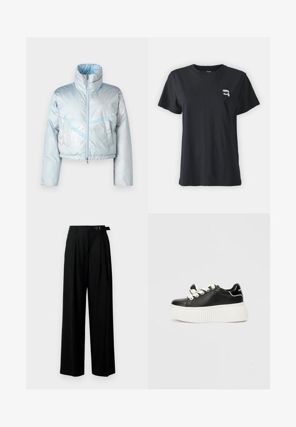 Svetlo modra skrajšana puffa jakna z visokim ovratnikom, zadrgo, dvema sprednjima žepoma in kontrastnimi modrimi šivi. Gladka tekstura.; Črna bombažna majica s kratkimi rokavi in okroglim izrezom. Ima majhno belo grafiko na prsih. Gladka tekstura, sproščen kroj.; Črne široke hlače z visokim pasom, gubami spredaj in pasom z zaponko. Narejene so iz gladkega, lahkega materiala.; Črne usnjene superge z debelim belim rebrastim podplatom, ki imajo bele vezalke in okrasni vozel na ježku.