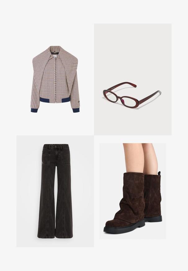 Pārbaudītā hromatiskā bomber jakas ar rāvējslēdzēju priekšā, tumši ziliem aproču un apkakles elementiem. Galvenais audums ar krēmveida, sarkani un ziliem rakstiem. Mīksta tekstūra.; Brūns pūkains adīts džemperis ar garām piedurknēm, augstu ribota apkakle un pogu plāksteris ar sešām melnām pogām priekšā un pie piedurknēm.; Melni platajā kājā džinsi, izgatavoti no denim, ar augstu jostasvietu, priekšējām kabatām un tonāliem šuvju dūrieniem.; Brūni zamšādas puszābaki līdz teļiem ar melnām gumijas zālēm uz atklātām kājām, ar vieglu krokām uz zābaku kājām.; Ovālas formas sarkanās saulesbrilles ar caurspīdīgām lēcām un gludām brūnām rāmī. Dizainā ir nemanāmas līknes un minimāls aparatūras daudzums.