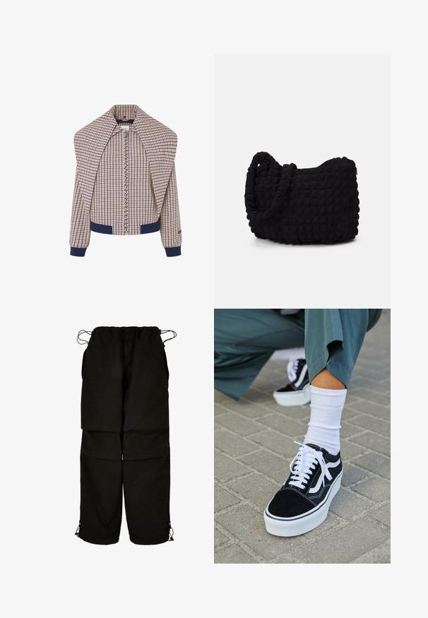 Chaqueta bomber a cuadros con cremallera en el frente, puños y cuello en color navy. La tela principal presenta un patrón en crema, rojo y azul. Suave al tacto.; Dos camisetas sin mangas en negro y blanco, hechas de algodón acanalado, con escote redondo y un diseño ajustado. Etiquetas visibles en ambas.; Pantalones negros hechos de una tela ligera, con una cintura ajustable y bajos con cordones. Diseñados con un corte holgado y oversized, y múltiples bolsillos.; Zapatillas de ante negro con acentos y cordones blancos, que cuentan con una gruesa suela blanca y costuras en contraste, combinadas con un calcetín blanco.; Bolsa de tela negra con un patrón texturizado y acolchado. Forma redondeada, asas cortas y gruesas, y una estructura blanda y flexible.