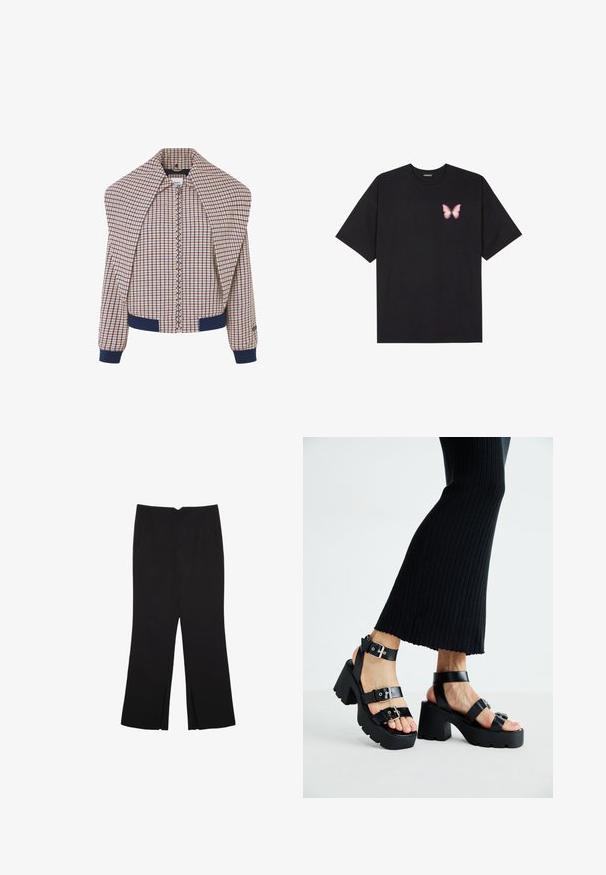 Rutig bomberjacka med dragkedja fram, marinkolsvarta muddar och krage. Huvudtyget har ett mönster i krämvitt, rött och blått. Mjuk textur.; Svart bomullströja med korta ärmar, med en liten rosa fjärilsgrafik på vänster bröst. Rundad halsdesign med en avslappnad passform.; Svarta byxor med rak passform, utrustade med framfickor och sidoklyvningar vid fållen. Tillverkade av mjukt, slätt tyg. Lämpliga för olika tillfällen.; Svarta plattformssandaler med kraftiga yttersölar och flera remmar, med metalspännen och en slät läderliknande yta.