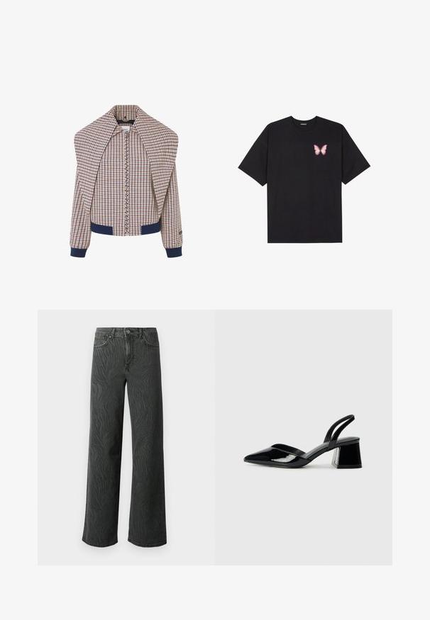 Kurtka bombowca w kratę z zamkiem z przodu, granatowymi mankietami i kołnierzem. Główny materiał posiada wzór w kolorze kremowym, czerwonym i niebieskim. Miękka tekstura.; Czarny bawełniany t-shirt z krótkim rękawem, z małym różowym motylkiem na lewej piersi. Klasyczny dekolt z luźnym fasonem.; Jeans o szerokich nogawkach w ciemnoszarym denimu, z subtelną fakturą w zebry, kontrastowym przeszyciem i pięci Pocket designem z zapinaniem na guzik.; Czarne lakierowane półbuty na obcasie z wydłużonym noskiem i geometrycznym słupkiem. Charakteryzują się eleganckim, minimalistycznym designem oraz gładką fakturą.