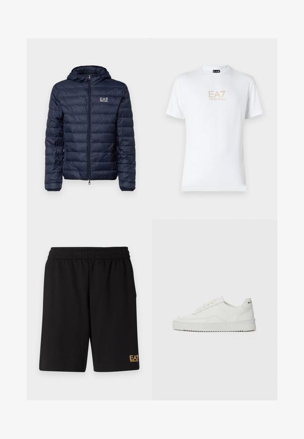 Marinblå pufferjacka med huva, med horisontella quiltade sektioner, framzipper och EA7-logotyp på vänster bröst.; Vit bomull t-shirt med rund halsringning och korta ärmar, med en guld EA7 Emporio Armani-logotyp tryckt på framsidan.; Svarta träningsshorts i mjukt tyg, med ett elastiskt midjeband och en liten gul EA7-logotyp på nedre vänstra benet.; Vita lädersneakers med en jämn yta, rund tå, platta snörningar och en strukturerad sula. Har en diskret logotyp på hälen.