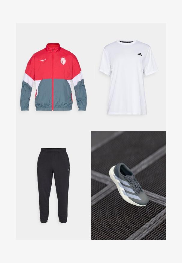 Rot und grau winddicht Jacke mit einem frontseitigen Reißverschluss, elastischen Bündchen und Saum. Mit einem Logo auf der Brust und einem mehrfarbigen Design.; Weißes sportliches T-Shirt mit kurzen Ärmeln, aus feuchtigkeitsableitendem Material. Mit einem schwarzen Logo auf der linken Brust und einem gemusterten Innenkragen.; Schwarze Jogginghosen aus weichem Baumwollstoff mit elastischem Bund und Bündchen. Mit einem kleinen Logo am linken Oberschenkel.; Sportsschuh in Grau und Weiß, aus synthetischem Material gefertigt, mit einem schlanken Design, strukturiertem Finish und ausgeprägtem Schnürsystem.