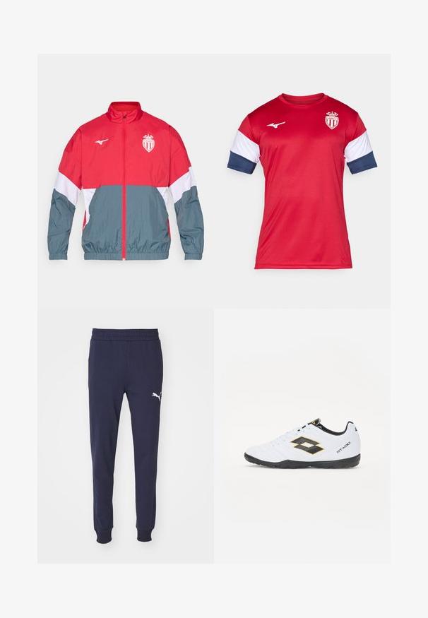 Rot und grau winddicht Jacke mit einem frontseitigen Reißverschluss, elastischen Bündchen und Saum. Mit einem Logo auf der Brust und einem mehrfarbigen Design.; Rotes Sporttrikot mit kurzen Ärmeln, ausgestattet mit weißen und marineblauen Akzenten. Logo auf der Brust, glatte Textur, aus synthetischem Material gefertigt.; Marineblaue Sweatpants mit einem elastischen Bund, schmal zulaufenden Beinen und einem weißen Puma-Logo-Akzent am linken Oberschenkel. Glatte, weiche Stoffoberfläche.; Weiße Sportschuhe mit schwarzen und gelben Akzenten, ausgestattet mit einem strukturierten Obermaterial, runder Schuhspitze und einer schwarzen Gummisohle. Das Design beinhaltet ein Logodetail an der Seite.