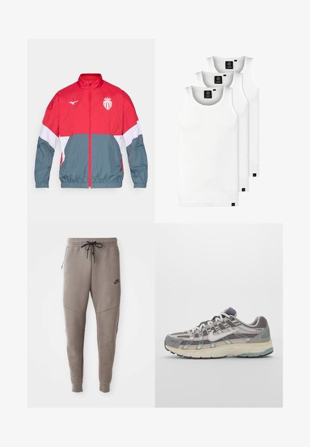 Červenošedá větruodolná bunda s předním zipem, pružnými manžetami a lemem. Obsahuje logo na hrudi a barevně členěný design.; Tři bílé žebrované tílka vyrobené z bavlny. Mají kulatý výstřih a malé černé štítky poblíž lemu. Dostupné v několika velikostech.; Šedé Nike tepláky s elastickým pasem na šňůrku, zúženými nohavicemi, bočními kapsami a charakteristickým švem. Měkká, strukturovaná tkanina.; Šedá sportovní obuv s vrchní částí z mikrovlákna a semiše, bílými akcenty, polstrovanou podrážkou a jedinečným designem s reflexními prvky.