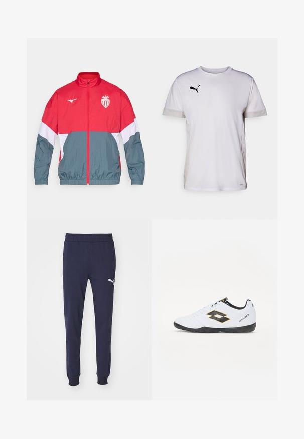 Crvena i siva jakna s kapuljačom, s prednjim patentnim zatvaračem, elastičnim manžetama i rubom. Ima logo na prsima i dizajn u blokovima boja.; Bijela sportska majica kratkih rukava s okruglim izrezom, koja sadrži prozračne mrežaste detalje sa strane i crni Puma logo na prsima.; Tamno plave trenirke s elastičnom trakom u struku, sužene nogavice i bijelim Puma logotipom na lijevom bedru. Glatka, meka tekstura tkanine.; Bijele sportske cipele s crnim i žutim akcentima, sa teksturiranim gornjištem, okruglim prstom i crnim gumennim potplatom. Dizajn uključuje logo detalj sa strane.