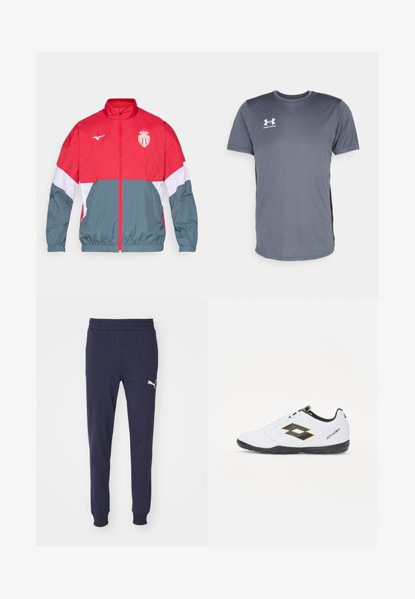 Rød og grå vindtett jakke med frontglidelås, elastiske mansjetter og nederkant. Har logo på brystet og fargeblokkert design.; Grå atletisk t-skjorte med korte ermer. Har en rund halslinning og en hvit Under Armour-logo på venstre side av brystet. Glatt tekstur.; Mørkeblå joggebukser med elastisk midje, smalnede ben og hvit Puma-logo på venstre lår. Glatt, myk tekstur.; Hvite sportsko med svarte og gule detaljer, med en teksturert overflate, rund tå og en svart gummisåle. Designet inkluderer et logodetalj på siden.