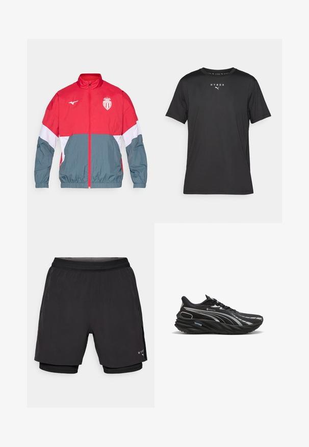 Rode en grijze windjack met een rits aan de voorkant, elastische manchetten en een elastische zoom. Bevat een logo op de borst en een kleurenschema.; Zwarte sport t-shirt met korte mouwen van lichtgewicht stof. Heeft een ronde hals en gedrukt "HYROX" logo met een Puma-embleem aan de voorkant.; Zwarte sportshorts met een gelaagd ontwerp, voorzien van een gladde buitenstof, elastische tailleband en een binnenste mesh-voering. Merken aan de zijkant.; Zwarte hardloopschoen gemaakt van GORE-TEX-materiaal, met een gestructureerde bovenkant, gebogen zool en reflecterende zilveren accenten.