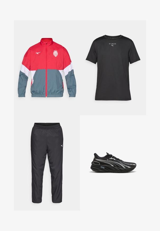 Rot und grau winddicht Jacke mit einem frontseitigen Reißverschluss, elastischen Bündchen und Saum. Mit einem Logo auf der Brust und einem mehrfarbigen Design.; Schwarz kurzes Sport-T-Shirt aus leichtem Stoff. Mit Rundhalsausschnitt und bedrucktem "HYROX"-Logo sowie Puma-Emblem auf der Vorderseite.; Schwarze Sporthosen aus glattem, leichtem Material. Sie verfügen über einen elastischen Bund und ein kleines weißes Logo auf der linken Seite.; Schwarzer Laufschuh aus GORE-TEX-Material mit einer strukturierten Oberseite, gekrümmter Sohle und reflektierenden silbernen Akzenten.