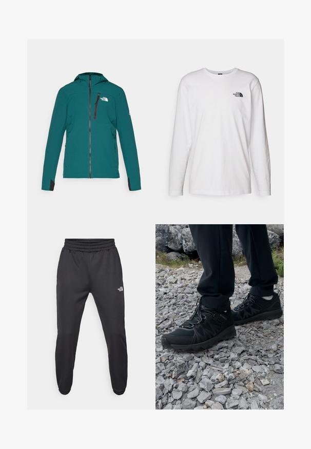 Teal buitenjas gemaakt van textuurmateriaal, met een rits aan de voorkant, capuchon en logo op de linkerborst. Bevat zwarte accenten op de mouwen.; Witte lange mouwen T-shirt gemaakt van katoen met een ronde hals. Beschikt over een klein zwart logo op de borst. Soepele textuur, normale pasvorm.; Zwarte sweatpants met een trekkoord in de taille, tapered fit, elastische boorden en een klein wit logo op de linker dij, gemaakt van gladde stof.; Zwarte buitenschoenen van mesh en synthetisch materiaal, met een gestructureerd bovenwerk, een beveiligd vetersysteem en een robuuste zool, op een ruig terrein.