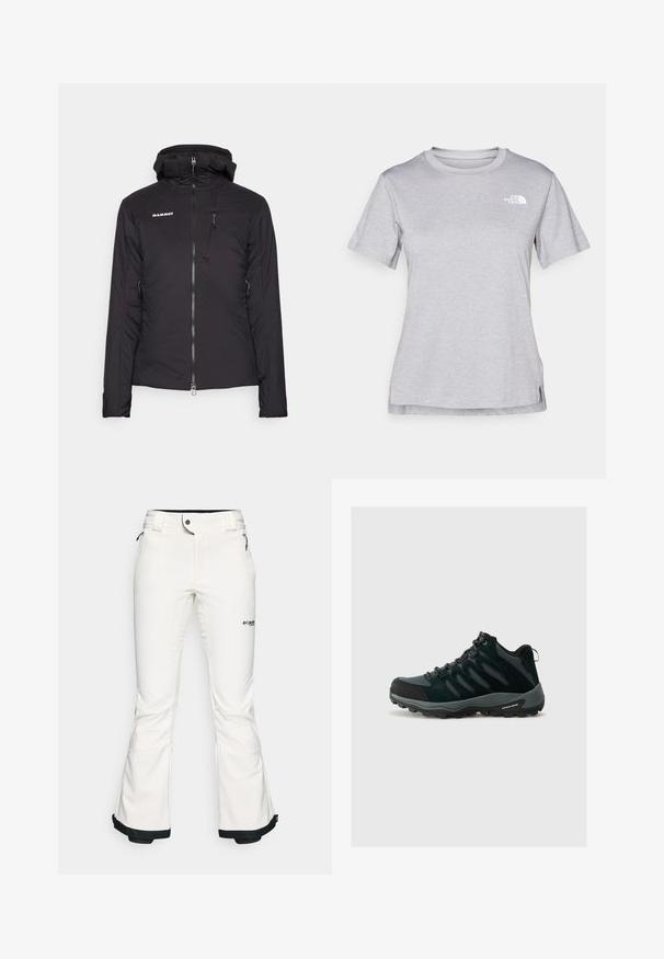 Svart isolert jakke med glidelås foran og hette, har brystlomme og sidelommer, laget av glatt, slitesterkt stoff.; Grå kortermet t-skjorte laget av myk, fukttransporterende stoff. Har en rund hals og en liten hvit logo på øvre venstre side.; Hvite skibukser laget av mykt, fleksibelt materiale. Har en tettsittende midje, vide, utvidede ben og svart kanting ved ermene. Merkevarelogo synlig.; Columbia REDMOND - Fjellsko - black/citron haze