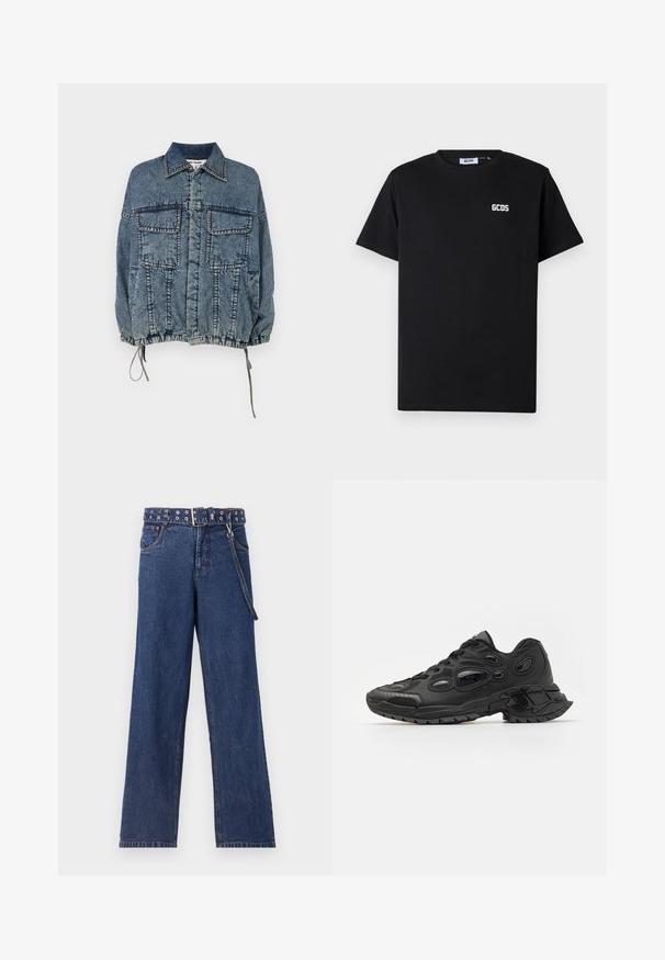 Denim takki, jossa on kauluskäytävä, kaksi etutaskua, elastinen helma ja hihansuut, haalistuneessa sinisessä pesussa, jossa on tarkat ompeluyksityiskohdat.; Musta puuvillapaita, jossa on pyöreä kaula-aukko ja lyhyet hihat. Valkoinen "GCDS"-logo on sijoitettu vasempaan rintakehään.; Tummansiniset farkut suoralla lahkeella, joissa on kuvioitu vyö metallisilla reikillä ja samansävyinen vyölenkki.; Mustat urheilukengät, joissa on teksturoitu synteettinen päällinen, pyöreä kärki ja erityiset soikeat aukot. Varustettu karkealla kumipohjalla, joka tarjoaa pitoa.