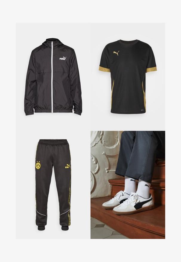 Chaqueta ligera negra con capucha, que presenta un cierre de cremallera en la parte delantera, puños elásticos y un logotipo blanco en el pecho. Textura satinada con un diseño compacto.; Camiseta deportiva negra con acentos dorados en las mangas y los laterales. Presenta un cuello redondo, mangas cortas y tejido DRYCELL que absorbe la humedad.; Pantalones deportivos negros con los logotipos amarillos de Borussia Dortmund BVB 09 y Puma King, banda elástica en la cintura y rayas laterales amarillas con un diseño.; Zapatillas Puma en gamuza blanca y negra, con una suela de goma marrón. Combinadas con calcetines blancos que muestran un logo negro, llevados con pantalones oscuros.