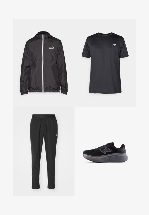 Veste légère noire à capuche avec fermeture éclair à l'avant, poignets élastiques et logo blanc sur la poitrine. Texture en satin avec un design compact.; New Balance T-shirt de sport - black; Pantalons de sport noirs en matériau léger avec une taille élastique, un design fuselé et un logo discret sur le côté.; Baskets de sport noires avec un dessus texturé, talon renforcé et une semelle épaisse grise. Affiche un logo "N" bien visible.