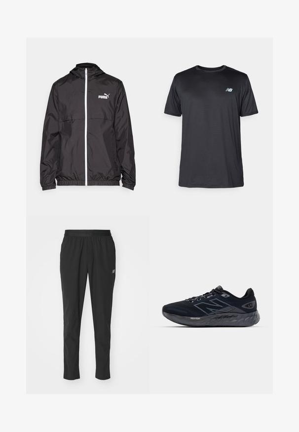 Casaco leve preto com capuz, apresentando fecho de correr na parte da frente, punhos elásticos e um logótipo branco no peito. Textura satin com um design compacto.; New Balance T-shirt desportiva - black; Calças de desporto pretas, feitas de material leve, com uma cintura elástica, design afunilado e um discreto detalhe de logotipo na lateral.; Ténis de corrida masculinos em malha preta com uma sola cinza espessa, textura circular e detalhes refletivos. Apresenta o logótipo "New Balance" de um lado.