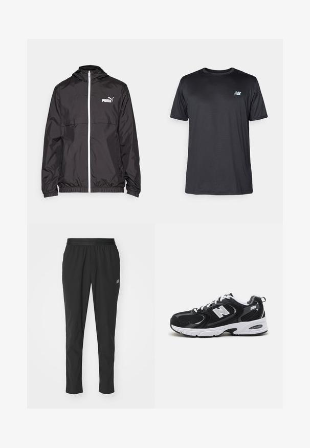 Svart lett hettejakke med glidelås foran, elastiske mansjetter og en hvit logo på brystet. Satin tekstur med kompakt design.; New Balance T-skjorte til trening - black; Svarte treningbukser laget av lett materiale med elastisk midjebånd, smalere design og subtil logo detaljer på siden.; Svarte og grå treningssko med mesh og semsket overdel, med en hvit mellomsåle, snøringer, og en kraftig "N"-logo på siden.