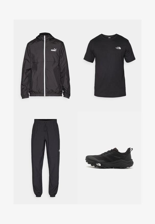Chaqueta ligera negra con capucha, que presenta un cierre de cremallera en la parte delantera, puños elásticos y un logotipo blanco en el pecho. Textura satinada con un diseño compacto.; Camiseta negra de manga corta, hecha de algodón, con un cuello redondo y un pequeño logo blanco en la parte superior izquierda del pecho.; Pantalones deportivos negros hechos de un tejido ligero, con una cinturilla ajustable, bolsillos laterales y puños ajustados en los tobillos.; Zapatilla de trail running negra con upper texturizado, suela de goma y puntera reforzada. Presenta un collar acolchado y una lengüeta para poner y quitar fácilmente.