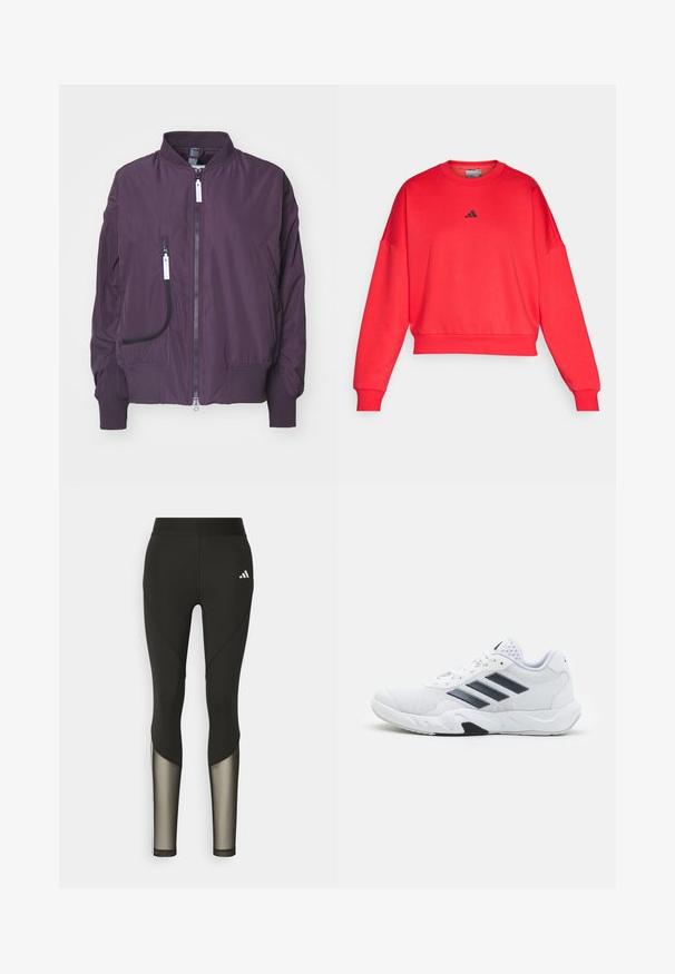 Lila bomber dzseki könnyű anyagból, elöl cipzárral, bordázott mandzsettákkal és oldalzsebekkel, amelyek kontrasztos cipzárokkal rendelkeznek.; Piros rövidített pulóver kerek nyakkivágással és ejtett vállakkal. Az elején kis fekete Adidas logó található. Sima szövet textúra.; Fekete sport leggings, magas derékkal, hálós díszítéssel az alsó lábszárakon és hímzett logóval a csípőn.; Fehér sportcipő, hálós felsőrésszel, az oldalon három fekete csíkkal, textúrázott részletekkel és egy tartós gumi talppal, amelynek ellentétes fekete szakasza van.