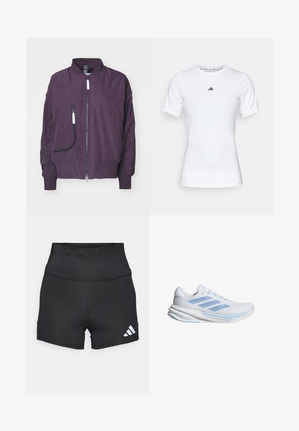 Lila bombarjacka i lättviktig tyg, med dragkedja fram, ribbade muddar och sidofickor med kontrasterande dragkedjor.; Vit idrottströja med korta ärmar, tillverkad i ett slätt, stretchigt material. Har en liten svart Adidas-logotyp på bröstet.; adidas Performance Tights - black; Vita löparskor med ljusblå accenter, andningsbart nätöverdel, tre-randsdesign, dämpad sula och strukturerad dragkraftssula.