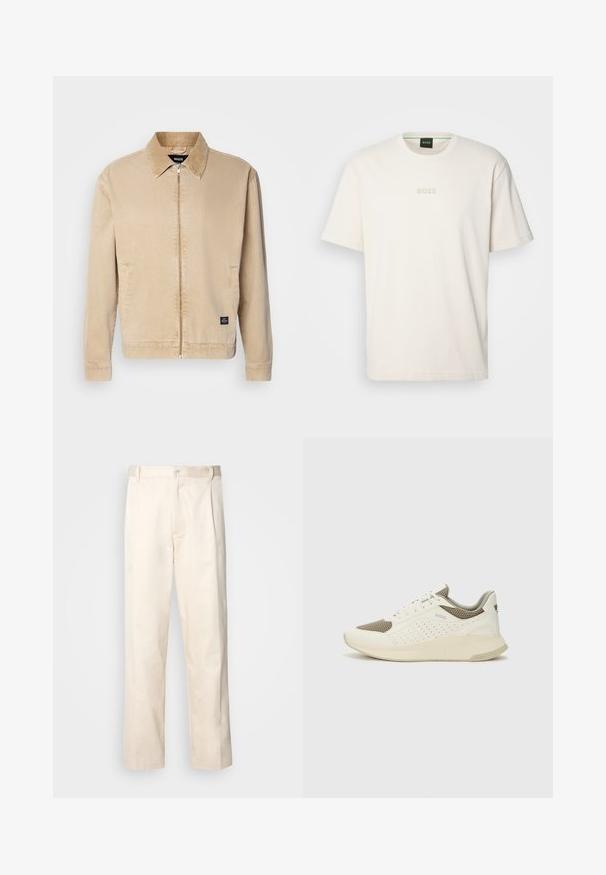 Beige, lettvektsjakke med krage, frontlås og sidelommer. Har en liten merkeetikett på nederkanten. Glatt tekstur.; BOSS TEE - T-shirts - open white; Beige bomullsbukser med rett benfatt, med knappelukking og folder foran for ekstra detaljer.; Hvit og lysebeige treningssko, med en mesh-overdel, perforerte detaljer og en teksturert mellomsåle med merkevare på hælen.