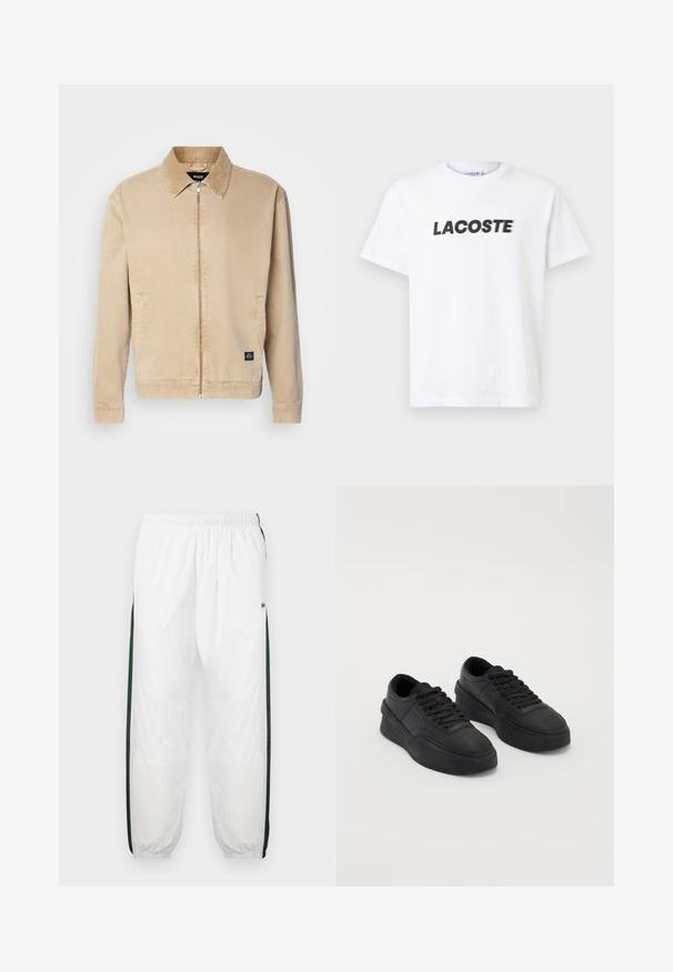 Šviesiai ruda, lengva striukė su apykakle, priekiniais užtrauktukais ir šoninėmis kišenėmis. Ant pakraščių yra nedidelė prekės ženklo etiketė. Lygus tekstūra.; Balta medvilninė marškinėliai su ryškiu juodu "LACOSTE" logotipu ant krūtinės. Trumpomis rankovėmis ir apvalia iškirpte.; Baltos treniruočių kelnės su tamsiai žaliais šonų juostelėmis. Lengva medžiaga, elastinga juosmens juosta ir apASPIRUOTI rankogaliai. Šonų juostelėse yra tinklelio tekstūra.; Juodi sportbačiai, pagaminti iš lygaus odos, su paminkštintu padu. Ypatybės: plokščios raišteliai, perforacijos ant pirštų srities ir elegantiška siluetas.