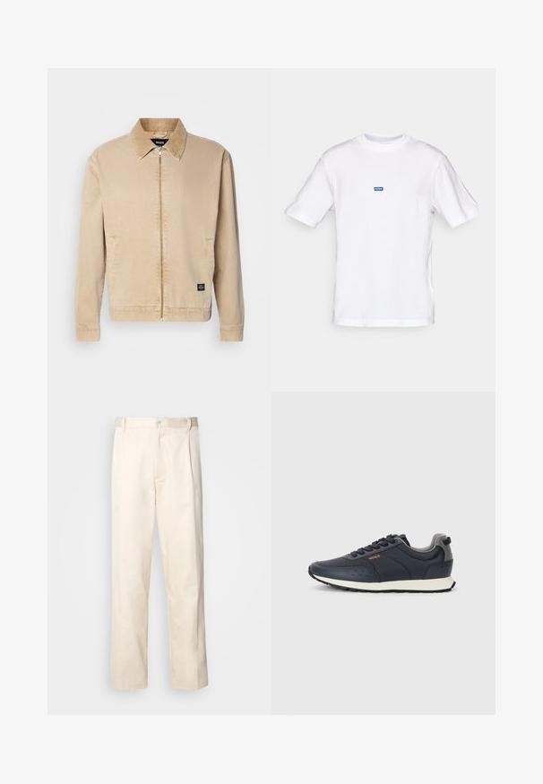 Beige, lettvektsjakke med krage, frontlås og sidelommer. Har en liten merkeetikett på nederkanten. Glatt tekstur.; Hvit bomulls t-skjorte med korte ermer, rund hals og en liten blå "HUGO" etikett på øvre bryst. Glatt tekstur, klassisk passform.; Beige bomullsbukser med rett benfatt, med knappelukking og folder foran for ekstra detaljer.; Marineblå sneakers med en glatt syntetisk overdel, rund tå, grå detaljer, snøring, og en hvit mellomsole med en teksturert svart yttersåle.