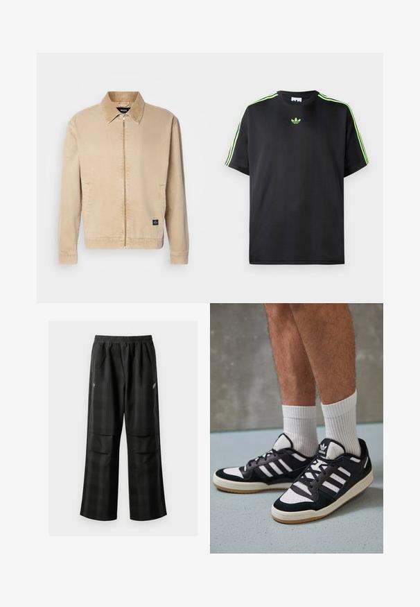 Bež, kerge jakk, millel on krae, esinene lukuga sulgemine ja küljetaskud. Omab väikest brändi sildi hem. Sile tekstuur.; Mustade särk, mis on valmistatud siledast kangast, ümmarguse kaelusega, millel on kolm roheline triipu õlgadel ja väike roheline logo rinnal.; Mustas ruudulised püksid, millel on elastne vöökoht, kaks esimest taskut ja laiem lõige sirge jala disainiga. Valmistatud kergest materjalist.; Mustvalged ja valged spordijalatsid, mille pealmine osa on valmistatud suede'ist ja nahast. Kingadel on kolm valget riba, auguline varvas ja kummist tald.