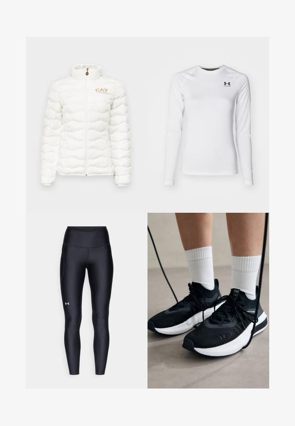 EA7 Emporio Armani Winter jacket - white; Long-sleeve white athletic shirt made of smooth fabric, featuring a crew neck and black logo on the upper left chest.; Black leggings made of smooth, stretchy material with a high waistband. Features a white logo on the left thigh and fitted design.; Black athletic shoes with textured fabric, white sole, and black laces. Worn with white ribbed socks, standing on a light surface.