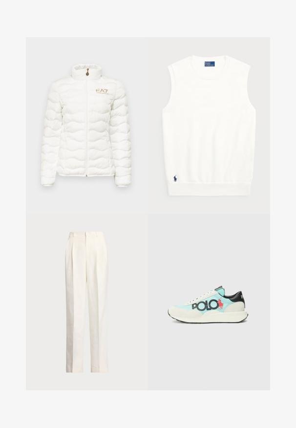 EA7 Emporio Armani Winter jacket - white; White sleeveless sweater made of smooth cotton, featuring a ribbed hem and a small navy logo on the bottom left. Simple design, no patterns.; Polo Ralph Lauren HEMP WIDE LEG PANT - Trousers - nevis; Sneaker featuring a light blue body, white suede accents, black heel, and prominent black "POLO" logo with a red polo player silhouette.