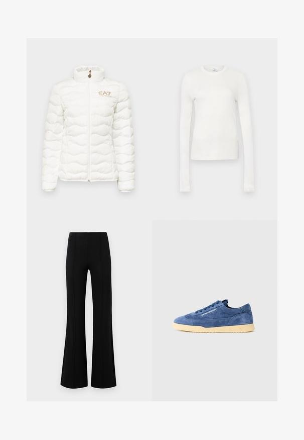 EA7 Emporio Armani Vinterjakke - white; Hvit langermet t-skjorte laget av myk bomull. Har rund halslinning, tettsittende silhuett og jevn tekstur. Ingen mønstre eller detaljer.; Svart utsvungne bukser med høy midje, laget av elastisk stoff. Har vertikale sømmer foran og en glatt tekstur.; Blå semsket lav-topp sneakers med kremfarget såle, snøringer og "EMPORIO ARMANI" logo på siden, fotografert på en ensfarget hvit bakgrunn.