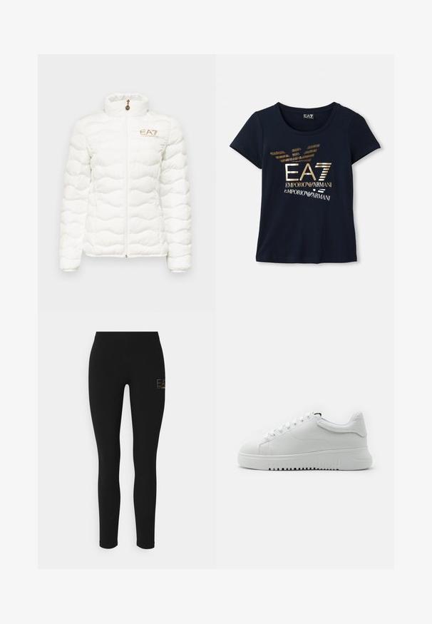 EA7 Emporio Armani Casaco de inverno - white; Camiseta de manga curta azul marinho feita de algodão, apresentando um logótipo gráfico dourado metálico com texto e elementos estilizados de asa de águia.; Leggings pretos com um corte ajustado, feitos de material elástico, apresentando um logótipo em dourado no lado esquerdo. Textura suave, design de comprimento total.; Sapatilhas brancas com um upper de couro texturizado, bico arredondado e design de atacadores. Sola grossa de borracha branca com padrão de aderência texturizado.