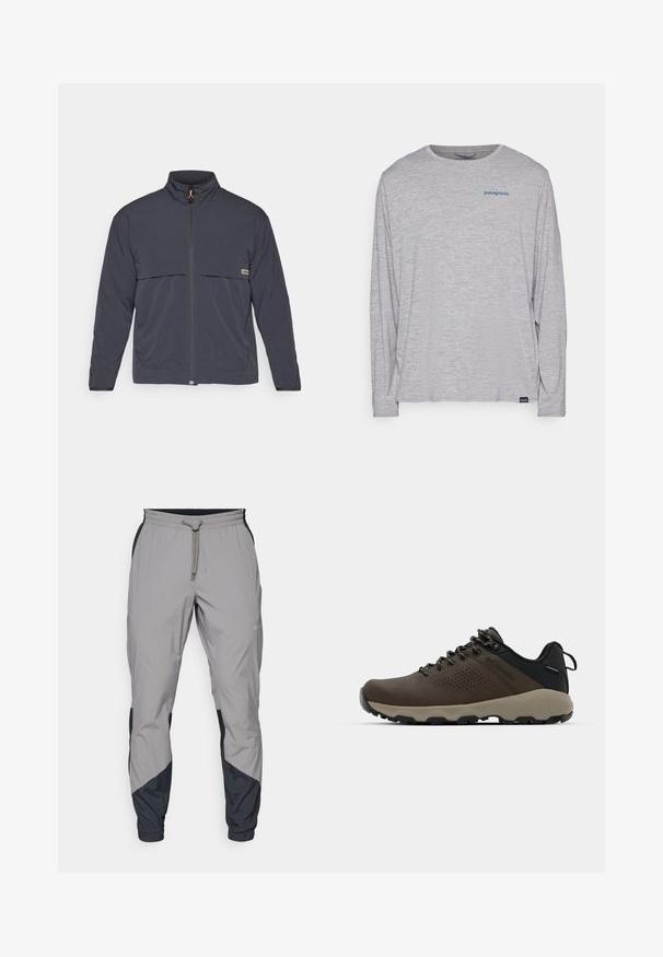 Tumehall jakk, millel on kõrge krae, täispikk lukk ja kaks eesmist taskut. Sisaldab oranži luku kinnitust ja horisontaalset rinnataskut.; Heledhalli pikkade varrukatega t-särk, mis on valmistatud pehmest, tekstureeritud kangast. Omab ümberkaela lõiget ja väikest sinist Patagonia logo rinna peal.; Kergedatud hallid sportlikud püksid mustade aktsentidega. Elastne vöökoht, stringiga sulgemine, kitsenev jala disain ja küljetaskud.; Kohandatud veekindlad pruunid spordijalatsid tekstuuriga pealisega, perforatsioonidega detailid, must kandetoetav osa ja hall kummine sisetald. Paelad on metallist otstega.