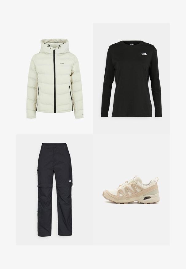 Giacca a vento bianca con cappuccio, zip nera e due tasche laterali. Realizzata in un materiale liscio con texture trapuntata.; T-shirt nera a maniche lunghe in cotone con colletto rotondo. Presenta un piccolo logo bianco sul lato sinistro del petto. Design semplice e vestibilità comoda.; Pantaloni cargo in nylon nero con zip rimovibile, polsini regolabili, molteplici tasche e un logo sulla gamba destra. Tessuto liscio e leggero.; Scarpa atletica beige e crema con tomaia in mesh testurizzato, sovrapposizioni supportive e suola in gomma con un motivo a tasselli per la trazione.