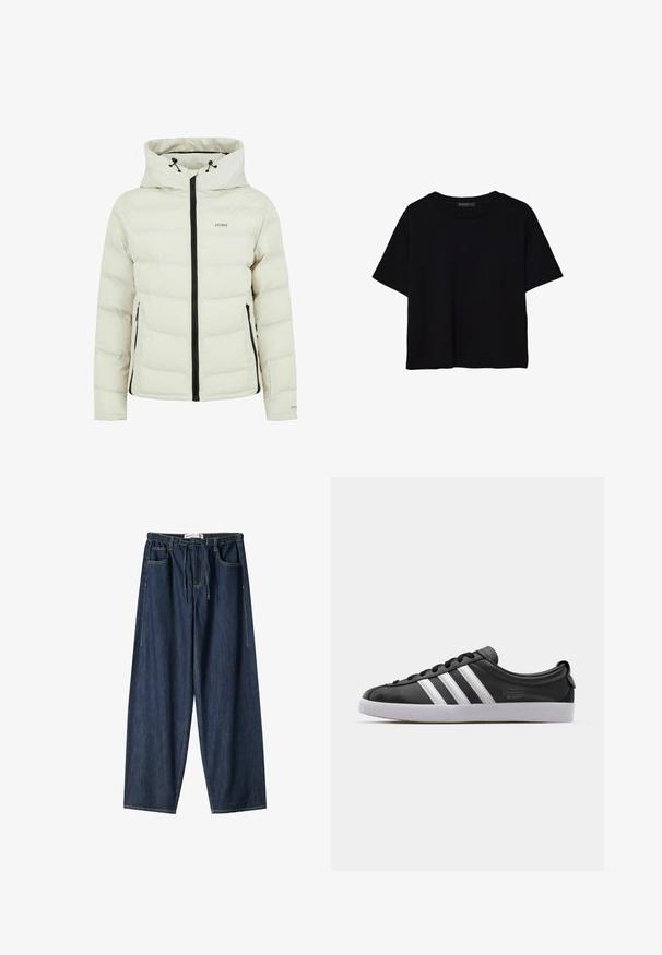 Bijela puf jakna sa kapuljačom, crnim zatvaračem i dva bočna džepa. Izrađena od glatkog materijala s kviltanom teksturom.; Crna majica kratkih rukava od pamuka. Ima okrugli izrez i labav kroj s glatkom, jednoličnom teksturom. Nema vidljivih uzoraka ili akcenta.; Tamno plave traperice širokih nogavica. Imaju elastični pojas, vezicu i prednje džepove. Glatka tekstura s vidljivim šavovima.; Crne kožne tenisice s bijelim dizajnom od tri pruge, zaobljenim prstom, ravnim bijelim gumiranim potplatom i oznakom branda sa strane.