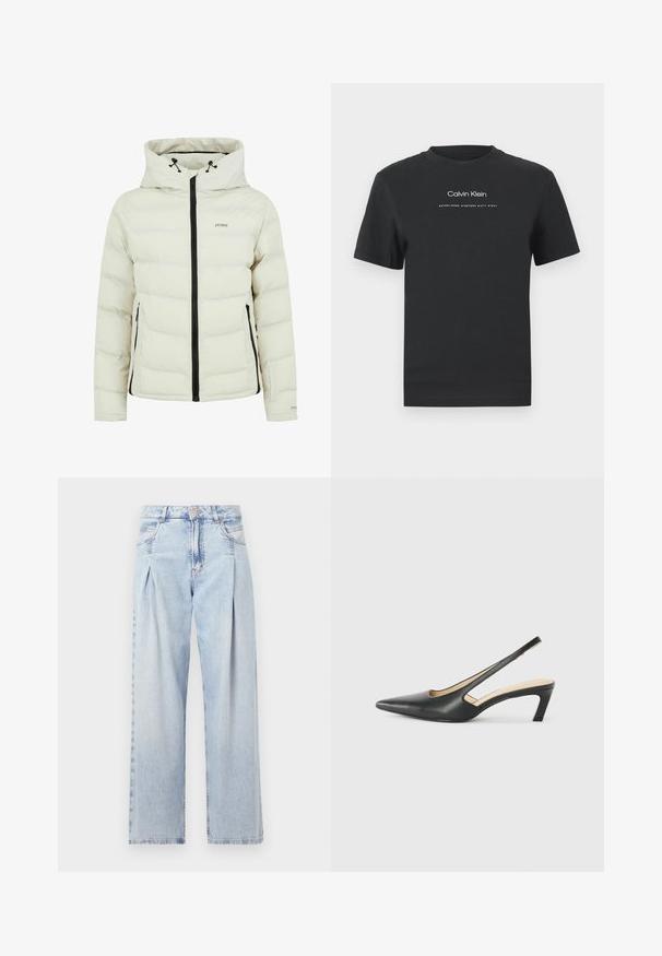 Bílá péřová bunda s kapucí, černým zipem a dvěma bočními kapsami. Vyrobena z hladkého materiálu s prošívanou strukturou.; Černé bavlněné tričko s kulatým výstřihem, krátkými rukávy a bílým potiskem loga "Calvin Klein" a textem "Established 1968".; Světlé modré džíny z denimu s vysokým pasem, širokým střihem, dvěma bočními kapsami a nařaseným designem. Měkká textura s vybledlým povrchem.; Černý špičatý slingback s nízkým podpatkem, vyrobený z hladké kůže, s výřezem na boku pro lepší prodyšnost.