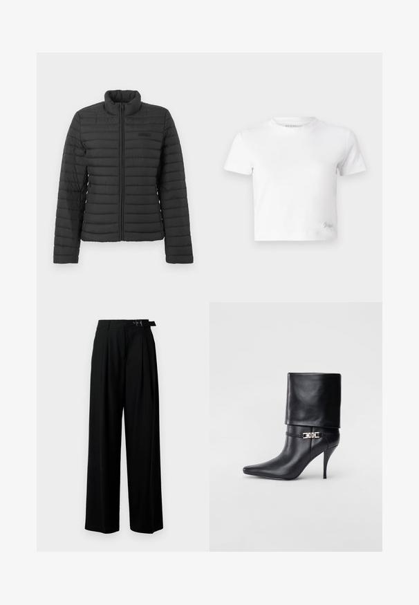 Melna quiltota jaka ar garām piedurknēm, stāvošu apkakli un priekšējo rāvējslēdzēju, parādīta uz vienkārša gaiša fona.; Balts īsais T-krekls, izgatavots no gludas kokvilnas, ar augstu kakla izgriezumu un īsām piedurknēm. Neliels izšūts logo apakšējā stūrī.; Melni plaši bikses ar augsto jostasvītru, priekšā ar krokojiem un jostu ar sprādzi. Izgatavotas no gludas, vieglas auduma.; Melnas ādas potīšu zābaki ar smailu purngalu, augstu stiletto papēdi, salocītu aproci un zeltītu dekoratīvu sprādzi uz potītes.