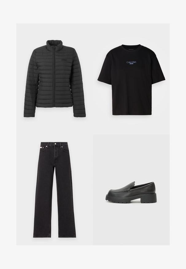 Sort kviltet jakke med lange ærmer, opretstående krave og lynlåslukning foran, præsenteret på en ensfarvet lys baggrund.; Sort bomulds t-shirt med rund hals, korte ærmer og blåt broderet "Calvin Klein JEANS" logo på fronten.; Sorte vidde jeans lavet af denim, med høj talje, fem-lomme stil og en metalknap lukning med kontrasterende syninger.; Sorte læder loafers med rund tå, tyk tekstureret sål og minimale syninger. Elegant design uden synlige snørebånd eller hardware.