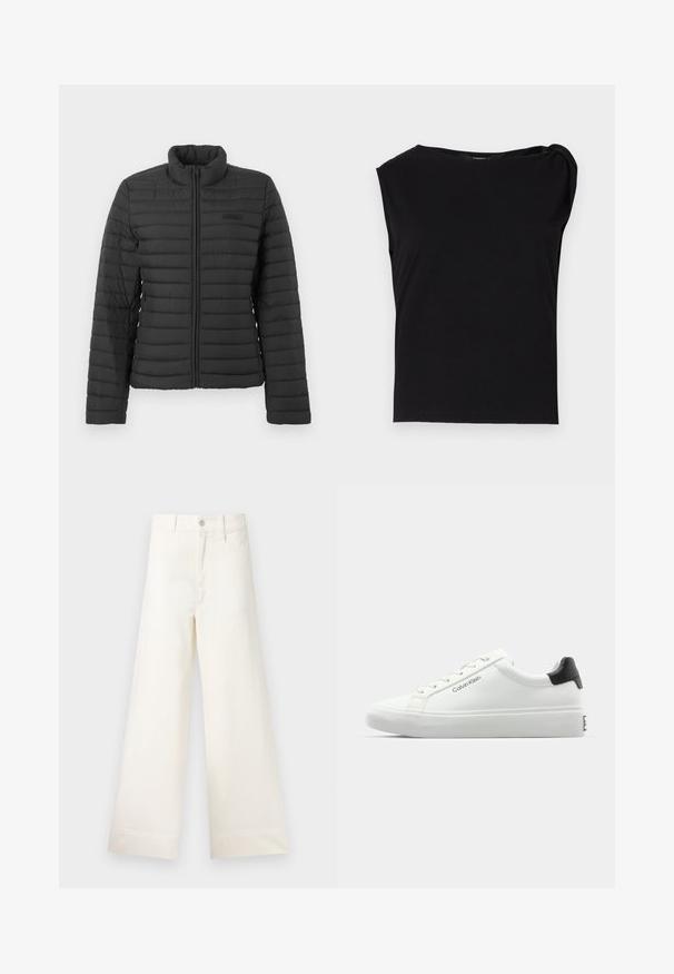 Casaco preto acolchoado com mangas longas, gola alta e fecho de correr à frente, exibido sobre um fundo claro e liso.; Top preto de manga curta feito de tecido suave. Apresenta um decote redondo e detalhe drapeado no ombro. Design simples e ajustado.; Calças largas em algodão bege claro. Apresentam uma cintura alta, bolsos frontais e um corte reto. Acabamento de bainha limpo, sem padrões.; Sapatilha branca com acabamento liso, detalhe preto no calcanhar e design com atacadores. Apresenta a marca "Calvin Klein" na lateral. Estilo minimalista.