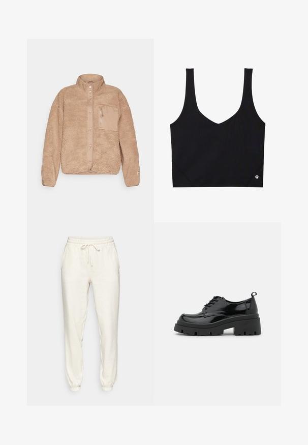 Beež fliiskate koos kõrge kraega, esipoolne lukustatud tasku ja nööpnõelakinnitus. Tekstuuriga pind pehme viimistlusega.; Mustmust mustriba laia, V-kaeluse disainiga, tekstureeritud kanga ja logo detailiga hemil. Sile viimistlus, minimalistlik stiil.; Heledad beeži spordipüksid pehmest kangast, millel on elastne vöökoht söötaga, küljetaskud ja sääreotstesse kokku tõmmatud äärised.; Mustad mustri kingad, millel on paks platvormsüstal ja paksed nöörid. Ümar nina, minimaalne detaljide arv ja väike kannataga tab.